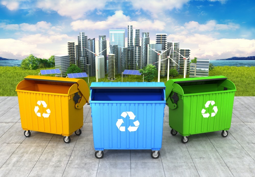 concept of a clean environment. Three refuse container on the clean and green city background. 3D illustration