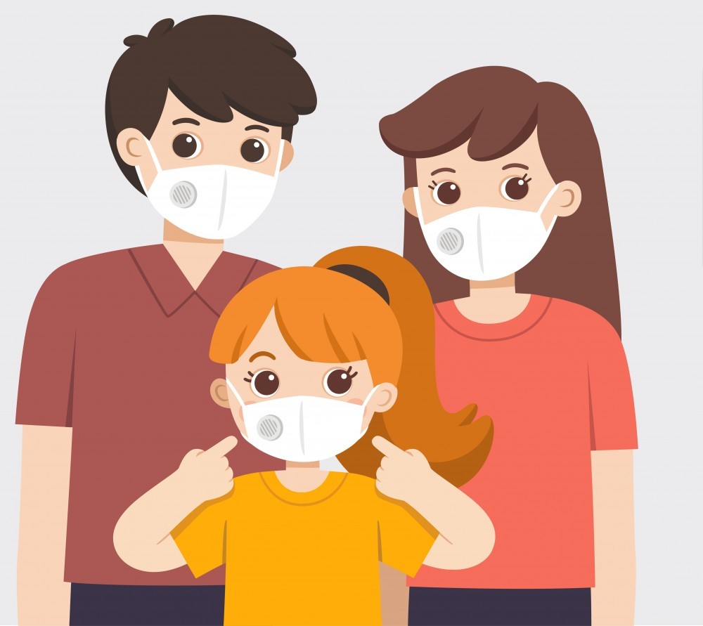 Coronavirus 2019-ncov flu infographics elements, Health and Medical. Dangerous asian ncov corona virus. Parent and child wearing medical mask. Hygiene mask. Virus protection. Vector illustration.