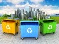 concept of a clean environment. Three refuse container on the clean and green city background. 3D illustration