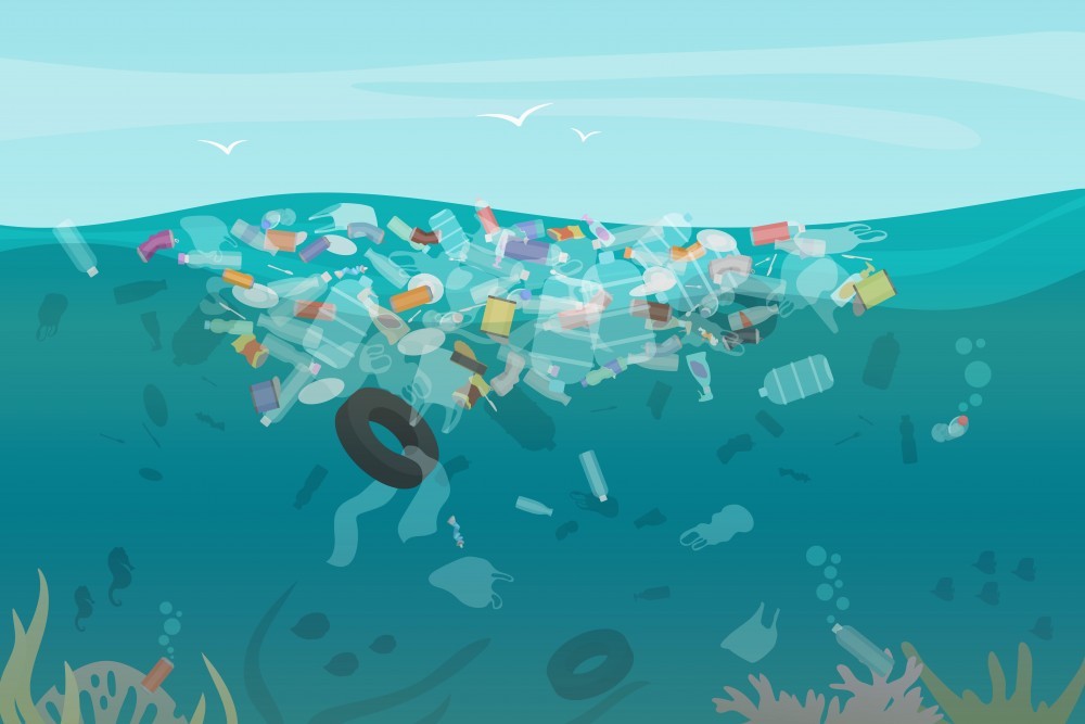 Plastic pollution trash underwater sea with different kinds of garbage - plastic bottles, bags, wastes floating in water. Sea ocean water pollution concept vector illustration.