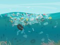 Plastic pollution trash underwater sea with different kinds of garbage - plastic bottles, bags, wastes floating in water. Sea ocean water pollution concept vector illustration.