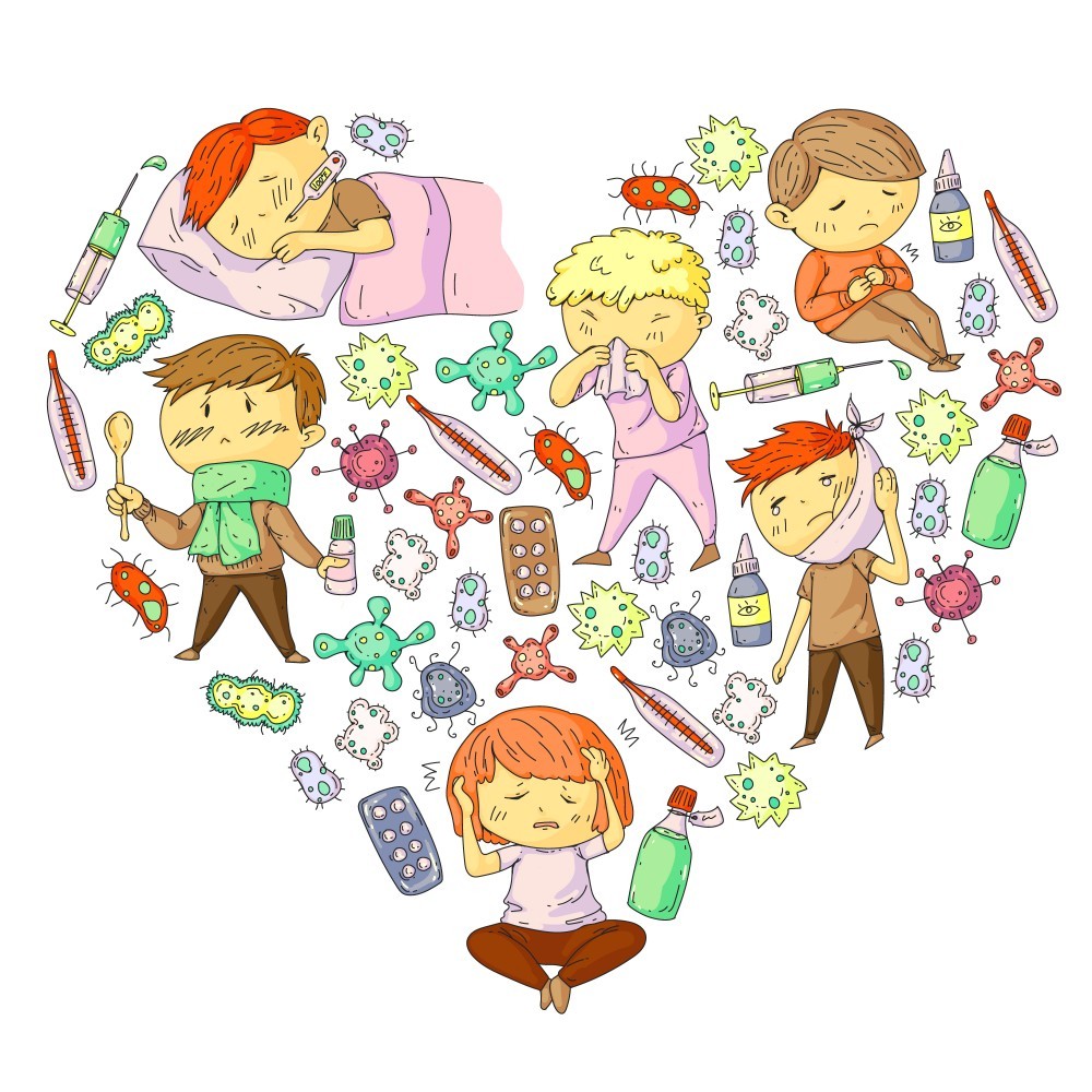 Children medical center. Healthcare illustration. Doodle icons with small kids, infection, fever, cold, virus, illness.