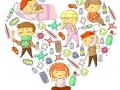 Children medical center. Healthcare illustration. Doodle icons with small kids, infection, fever, cold, virus, illness.