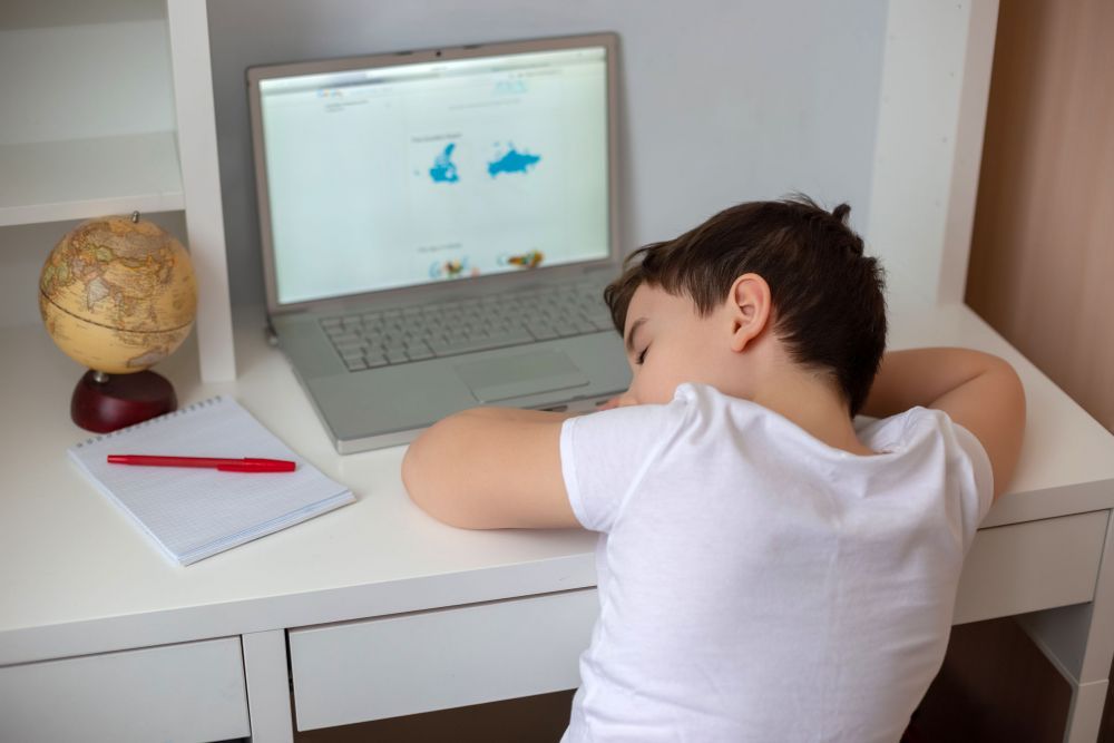 A schoolboy fell asleep behind a monitor from a laptop, holding his head in his hands.